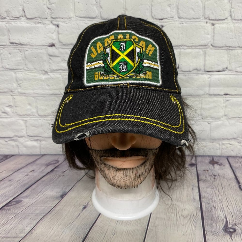 Distressed Hat Cap Stretch Fit Black Denim Jamaican Bobsled Team